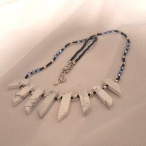 Artisan Beaded White Howlite Spikes Blue Crystal Necklace